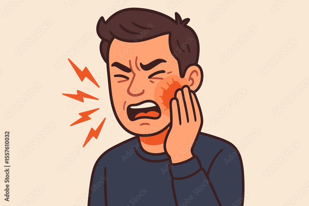Cartoon man suffering severe toothache, holding cheek in pain, dental problem, oral health issue, jaw ache, facial discomfort, vector illustration, pain concept, healthcare, male character Cartoon man suffering severe toothache, holding cheek in pain, dental problem, oral health issue, jaw ache, facial discomfort, vector illustration, pain concept, healthcare, male character