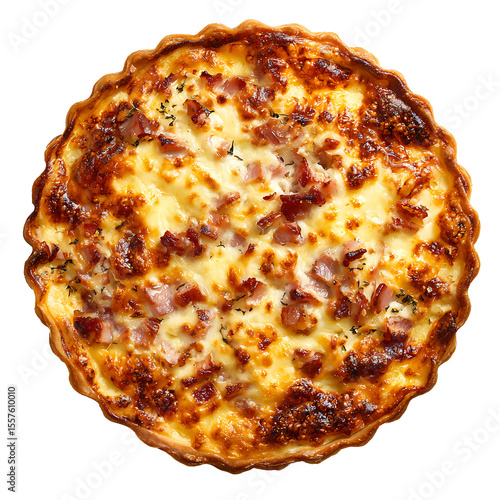 Aerial view of a freshly baked quiche lorraine with a golden crust and savory filling on black background