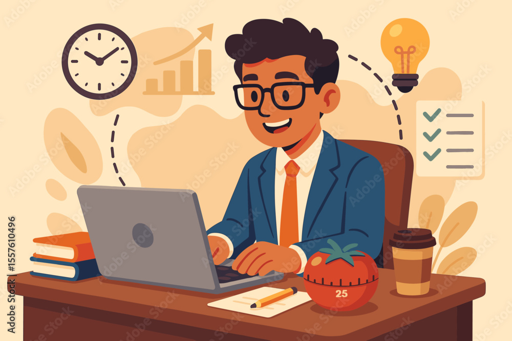 Focused entrepreneur using Pomodoro technique for productivity and time management at work desk. Businessman with timer, laptop, coffee, checklist, books, growth chart, lightbulb. Vector illustration. Focused entrepreneur using Pomodoro technique for productivity and time management at work desk. Businessman with timer, laptop, coffee, checklist, books, growth chart, lightbulb. Vector illustration.