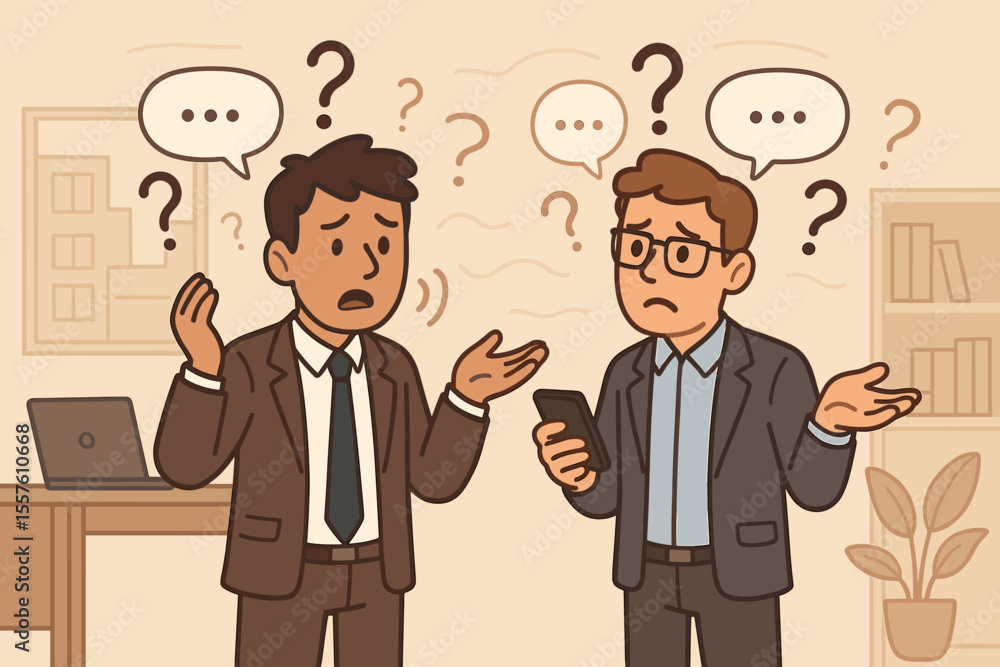 Confused Businessmen Discussing Communication Problems in Modern Office, Question Marks, Speech Bubbles, Workplace Misunderstanding, Vector Illustration, Corporate Teamwork Concept Confused Businessmen Discussing Communication Problems in Modern Office, Question Marks, Speech Bubbles, Workplace Misunderstanding, Vector Illustration, Corporate Teamwork Concept