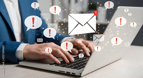 Businessman Overwhelmed by Email Spam and Alert Notifications on Laptop