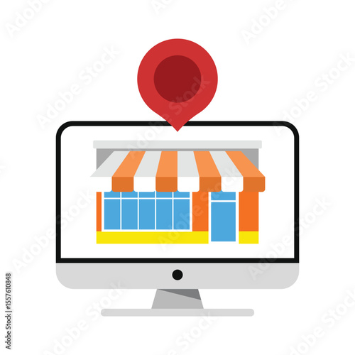Computer screen with storefront awning and red location pin, symbolizing local online stores, e-commerce platforms, and digital shopping services in flat vector style.