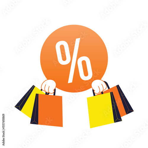 Hands holding colorful shopping bags with large percent discount icon above, symbolizing sales promotion, retail offers, and online shopping deals in flat vector style.