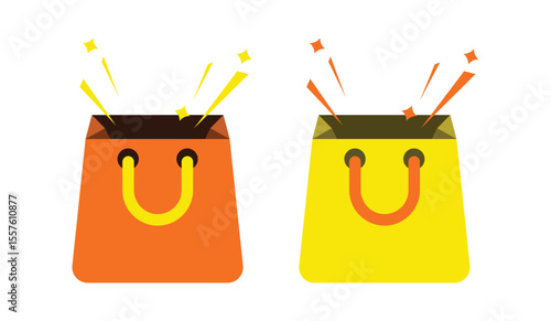 Illustration of colorful shopping bags in orange and yellow with sparkles, representing retail business, online shopping, fashion store, and digital commerce in flat vector style.