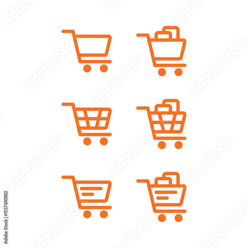Shopping Cart Line Icons – Flat Vector Illustration Collection of orange shopping cart line icons, representing online purchase, retail business, and e-commerce checkout process in minimal flat design