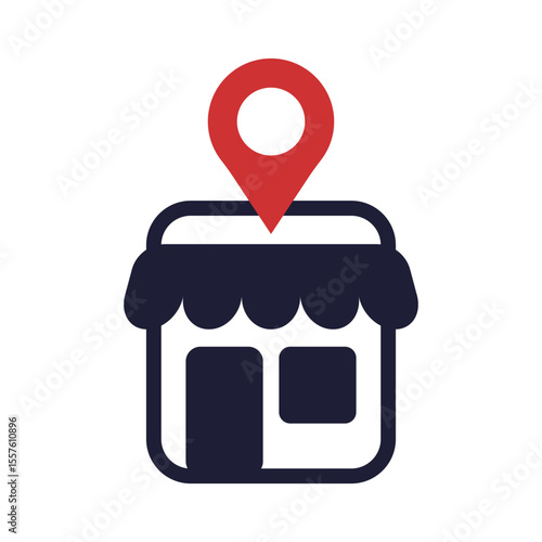 Illustration of online store with red location pin, representing shop locator, e-commerce platform, and digital business solutions in modern flat vector design.