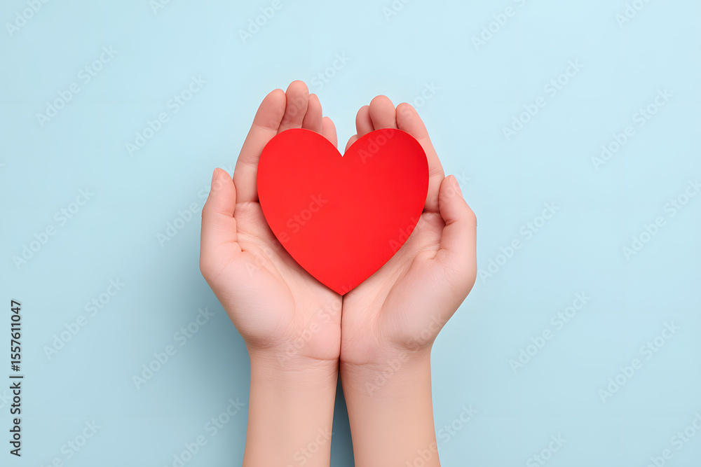 Obraz premium Top view of hands gently holding a red heart on a light blue background. Concept of love, care, charity, and emotional support.