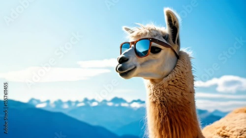 Cool llama wearing sunglasses against a bright sunny sky, summer holiday theme
