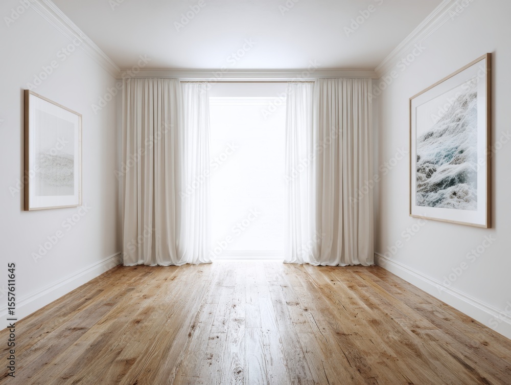 Fototapeta premium A room with a white curtain and a picture on the wall. The curtain is open and the room is empty