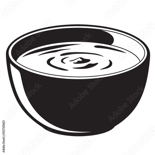 Vintage art silhouette of a ceramic bowl holding a creamy soup with a subtle swirl design for classic food illustrations
