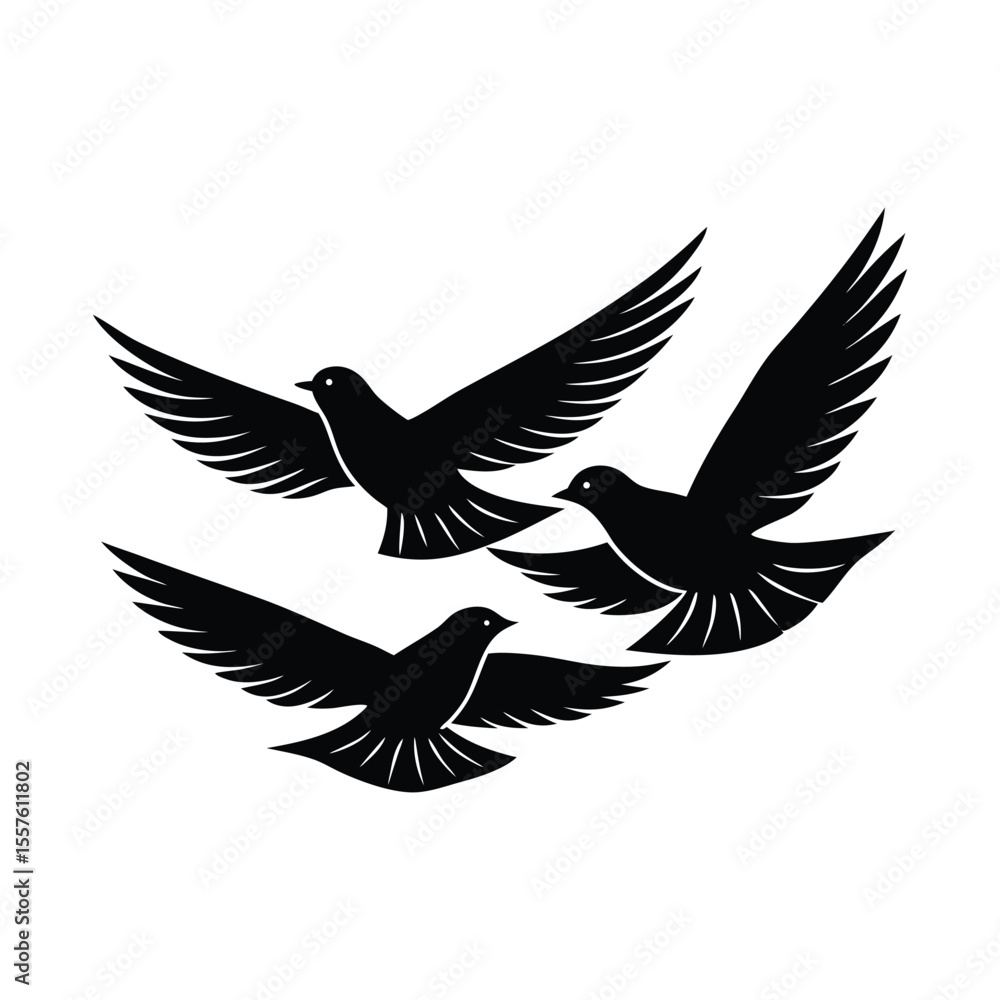 Three elegant birds in flight with outstretched wings depicted in a striking silhouette style Three elegant birds in flight with outstretched wings depicted in a striking silhouette style
