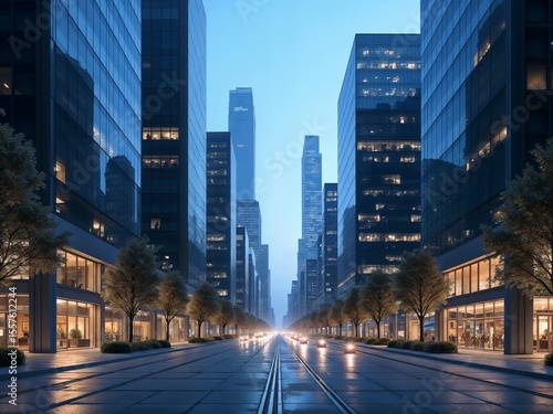 Urban city street at dusk with modern skyscrapers and lights  