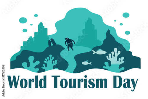 Sunken City Exploration Vector – Scuba Divers in Coral Reef Atlantis Scene with Marine Life.