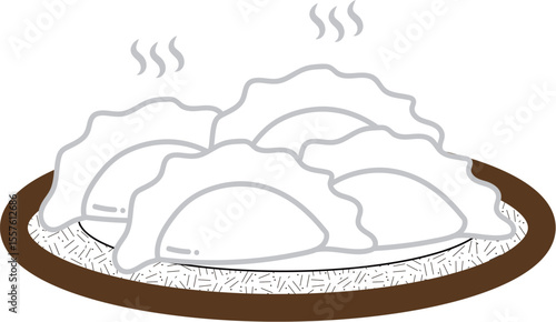 An illustration of four steaming white dumplings with crimped edges on a plate.