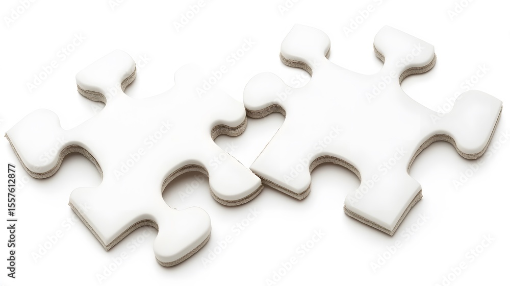Fototapeta premium Two White Jigsaw Puzzle Pieces Interlocking Close Up