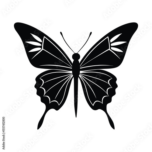 Elegant minimalist butterfly silhouette in mid flight with upward curved wings design