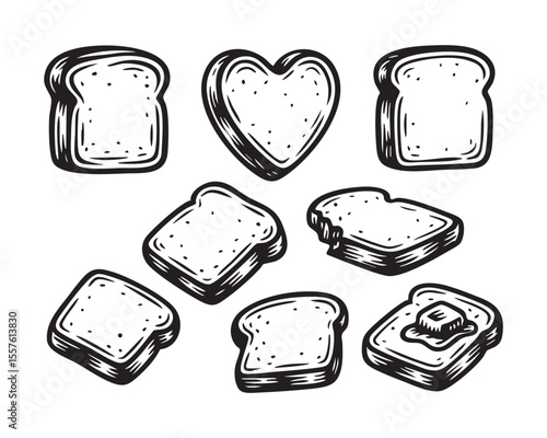 Vintage Bread Slice and Toast Icon Set in Hand Drawn Style vector