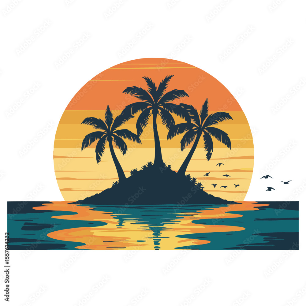 © MdMizanur - Tropical island with palm trees and birds at sunset over the ocean