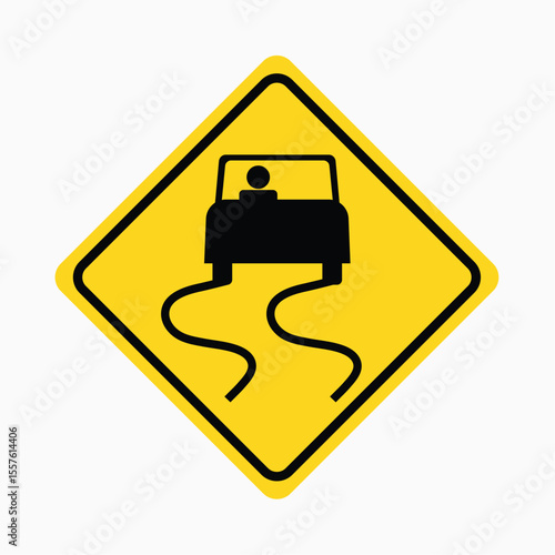 Slippery Road Ahead: A yellow diamond-shaped road sign warns of a slippery road ahead, with a simple illustration of a car skidding on the wet surface.