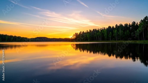 Wallpaper Mural Golden Sunset over Lake with Tree Line and Cloud Reflections on Blue Water Surface Torontodigital.ca