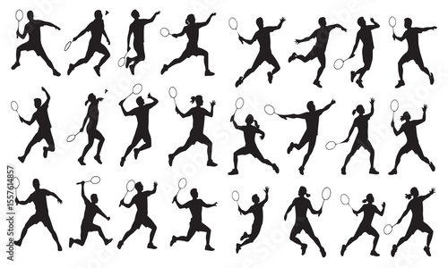 Badminton Player Silhouettes, Male & Female in Action, Sports Vector Illustration