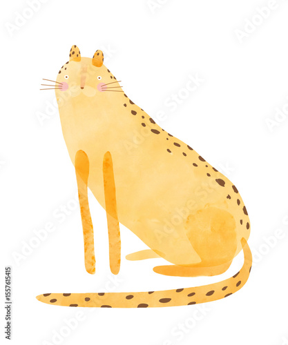 Cute Sitting Cheetah. Childish Drawing-like Vector Illustration Of Happy Leopard. Yellow Wild Cat On A White Background. Kids Room Decoration. 