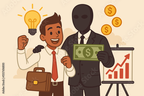 Businessman with idea gets funding from anonymous investor. Entrepreneur startup financial backing from angel investor. Venture capital concept. Shadow partner, success and money.
