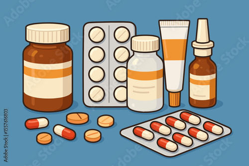 Pharmaceutical drugs and medicine vector set. Collection of prescription medication, pills, capsules, bottles, nasal spray, and cream. Healthcare and pharmacy concept for medical treatment.