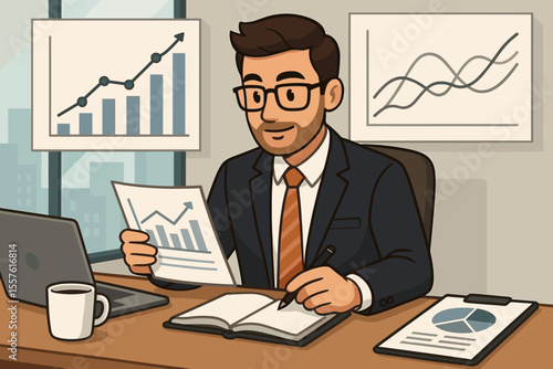 Businessman analyzing financial report data with charts and graphs in modern office. Manager working on investment strategy and market growth. Vector cartoon illustration.