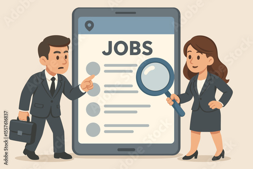 Job search concept with business people looking for work online. Man and woman using mobile app for recruitment, finding career opportunities and vacancies. Human resources vector.