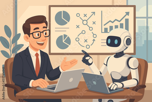 Businessman and AI robot collaboration. Partnership for business strategy. Teamwork concept with human and cyborg working on data analysis and growth chart. Future of automation.