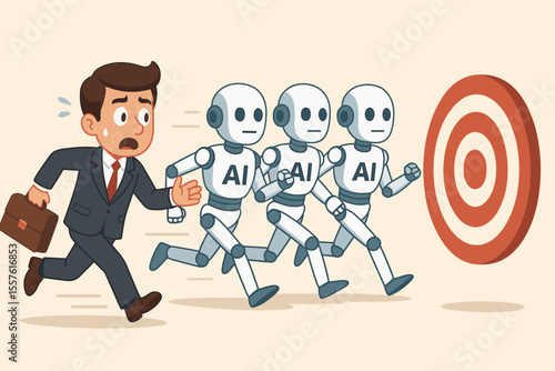 Businessman running a race against AI robots. Concept for human versus machine job competition, automation, future of work, technology threat, and career challenge to reach a goal.