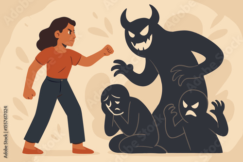 Woman fighting inner demons, a metaphor for psychology and mental health. Concept of overcoming fear, anxiety, depression, and insecurity. Personal growth, self-help, courage, empowerment.