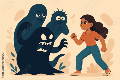 Brave woman confronting inner demons. Metaphor for mental health, overcoming fear, anxiety, and depression. Psychology concept of personal growth, empowerment, and self-care.