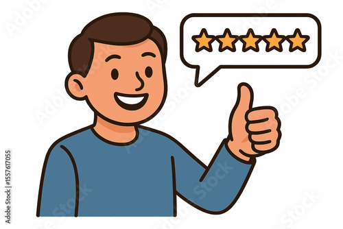 Customer satisfaction concept. Happy client giving five star rating with thumbs up gesture. Positive review and feedback for excellent service. Male character vector illustration.