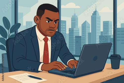 Angry African American businessman working on a laptop in a modern city office. Stressed, frustrated corporate manager or employee focused on the computer screen. Vector concept.