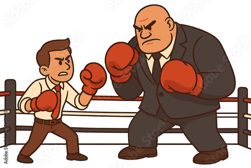 David versus Goliath metaphor. Small business owner confronting corporate giant. Market competition, unequal fight. Underdog businessman in boxing match against big monopoly. Vector.