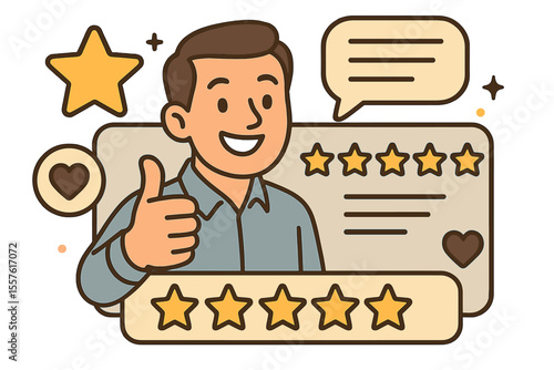 Customer review and satisfaction concept. Happy man client giving positive feedback with a thumbs up gesture. Five star quality rating for excellent service. Cartoon vector illustration.