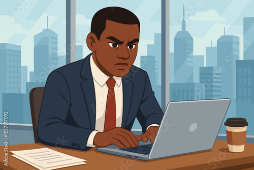 Angry stressed black businessman working late on laptop in city office. Cartoon vector of a focused frustrated professional man under pressure with deadline. Intense concentration.