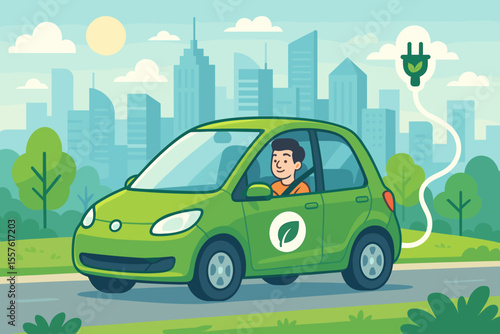 Green electric vehicle EV with driver on a city road. Sustainable urban transportation, eco-friendly technology, clean energy, and environmental conservation concept. Cartoon vector.