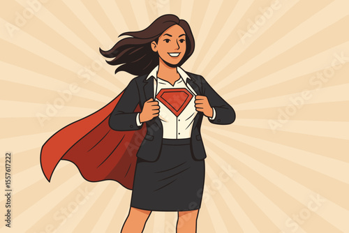 Businesswoman superhero transformation. Woman opens shirt to reveal super hero costume. Metaphor for success, power, leadership, empowerment, ambition. Pop art comic style vector.