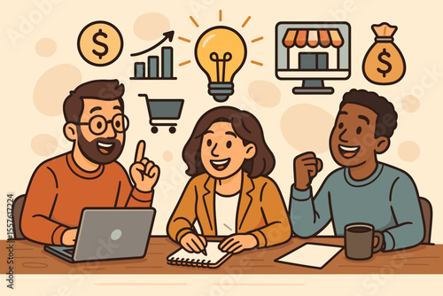 Diverse team of entrepreneurs brainstorming online business ideas for financial success. Collaboration meeting for startup growth, e-commerce strategy, and profit innovation. Vector cartoon.