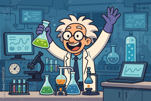 Happy cartoon scientist in a lab making a discovery. Excited professor character with chemical flasks, test tubes, and a microscope. Vector illustration concept for science and research.