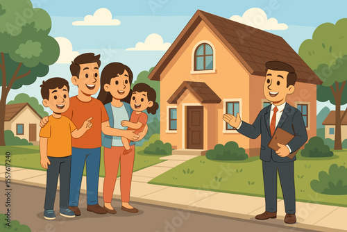 Happy family buying new house with real estate agent. Realtor showing property to couple with children. Home ownership, mortgage, and investment concept. Cartoon vector illustration.