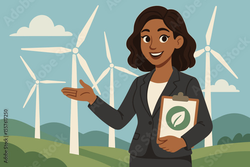 Businesswoman presenting sustainable wind energy at a wind farm. Confident female engineer promotes renewable power and green technology with turbines. Eco conservation concept vector.