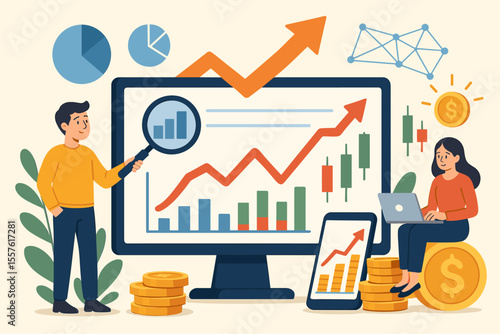 Financial market analysis and investment strategy concept. Team analyzing data on screen with charts. Stock trading, passive income generation, and profit growth. Vector illustration.