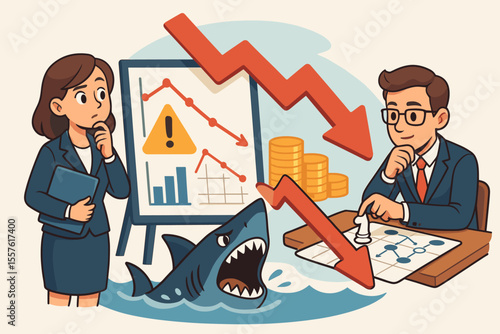 Business Risk Analysis and Crisis Management Concept. Shark Attack Metaphor for Financial Loss, Declining Stock Market, Strategic Planning, Investment Risk, Corporate Danger, Vector Illustration