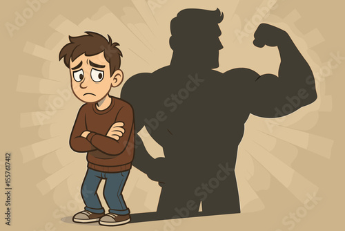 Teenage boy lacking confidence stands with arms crossed, overshadowed by large muscular masculine silhouette. Concept of insecurity, low self-esteem, unrealistic body image, masculinity expectations.