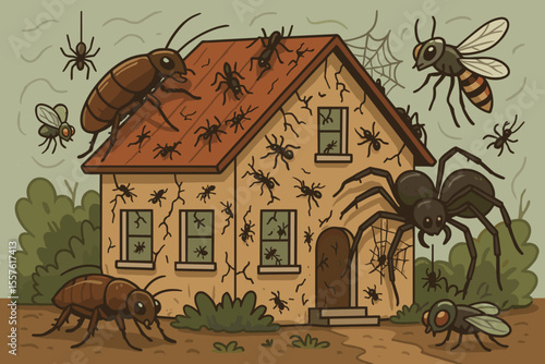 Swarm of Insects Invading House Vector. Cartoon Infestation with Cockroaches, Spiders, Ants, Flies, Bees on Residential Building. Pest Control, Extermination, Home Infestation, Creepy Bugs Concept