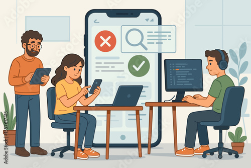 Software developers testing mobile app usability in modern office. Teamwork on digital devices, coding, quality assurance, user interface design, application development, collaborative workspace